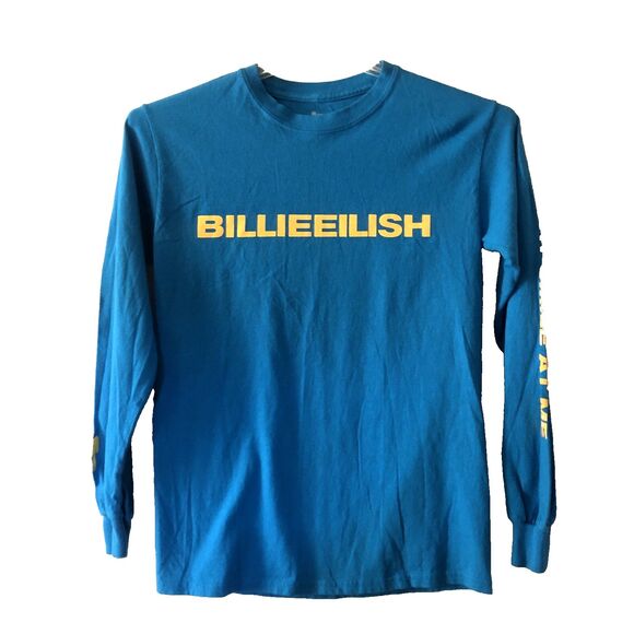 Billie Eilish Long Sleeve Shirt Small Blue Yellow - Dont Smile At Me Tour Shirt - Picture 1 of 5